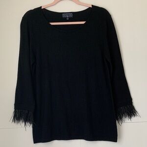Duffield Lane Elegant Cashmere Blend Black Feather Long Sleeve Top Tunic Size L